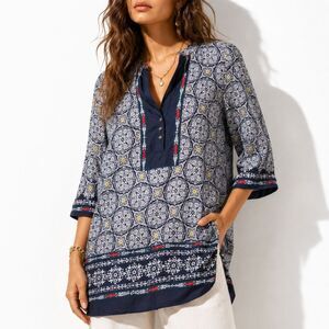 NWOT Grace Elements Tunic Top S Navy Medallion Print Boho 3/4 Sleeve Blouse